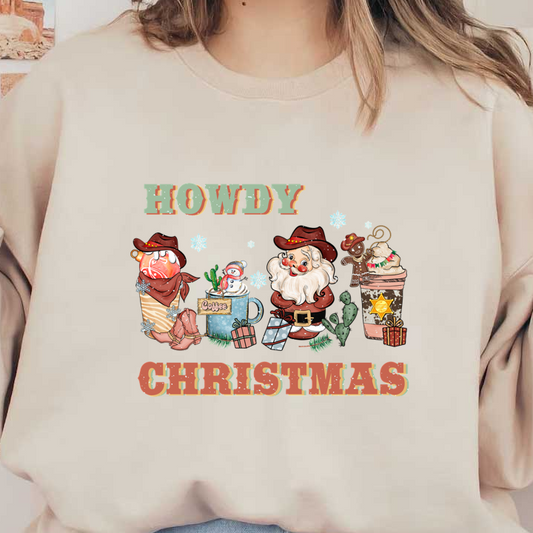 Celebrate the festive season with a charming "Howdy Christmas" design featuring Santa and holiday treats in a playful cowboy theme!dtf regular iron