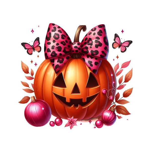 A cheerful Halloween pumpkin featuring a stylish leopard print bow, surrounded by colorful ornaments and butterflies. heat press transfers