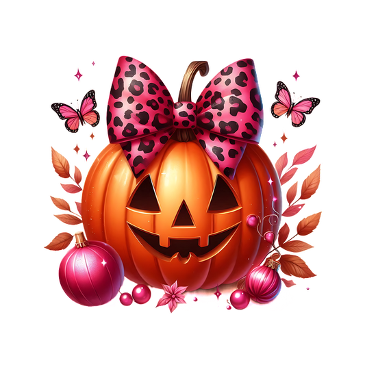 A cheerful Halloween pumpkin featuring a stylish leopard print bow, surrounded by colorful ornaments and butterflies. heat press transfers