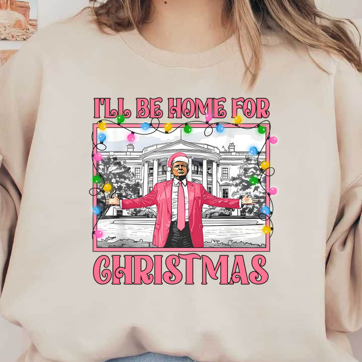 A whimsical Christmas-themed illustration featuring a character in a pink suit and hat, with festive lights and a White House backdrop.DTF Transfers dtf prints