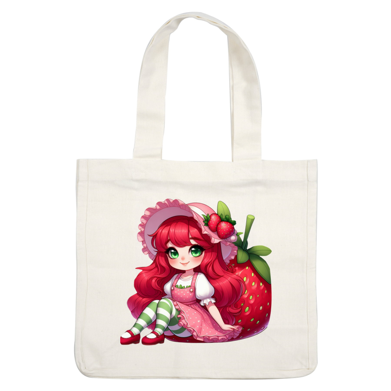 A whimsical character with long red hair, dressed in a pink polka-dot dress and striped leggings, sits next to a giant strawberry.DTF Transfers