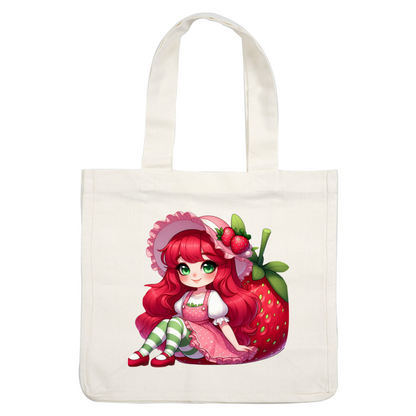 A whimsical character with long red hair, dressed in a pink polka-dot dress and striped leggings, sits next to a giant strawberry.DTF Transfers