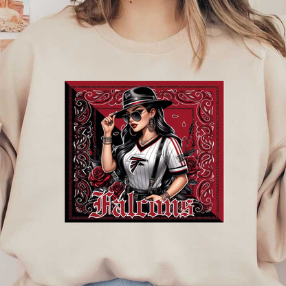 Una elegante mujer con gafas de sol de gran tamaño posa con confianza con una camiseta de los Falcons, adornada con rosas y diseños intrincados.