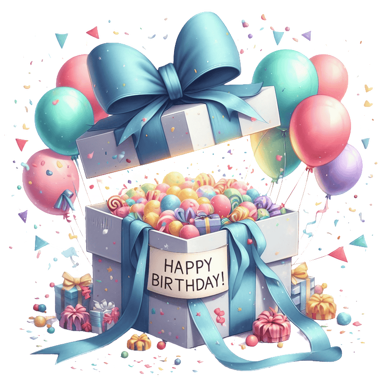 Celebrate in style with this festive birthday gift box, overflowing with colorful candies and surrounded by cheerful balloons and decorations!DTF Transfers