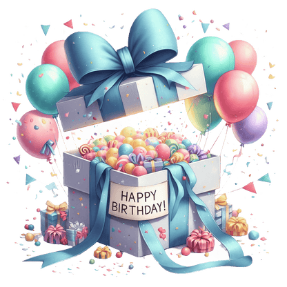 Celebrate in style with this festive birthday gift box, overflowing with colorful candies and surrounded by cheerful balloons and decorations!DTF Transfers