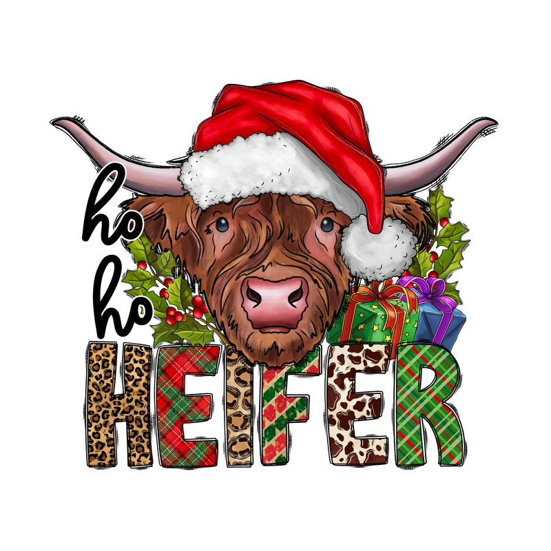 A fun and festive design featuring a holiday-themed cow with the playful phrase "ho ho HEIFER" surrounded by Christmas gifts and decorations.DTF Transfers heat press transfers