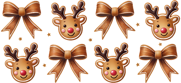 A festive assortment of cute reindeer faces and elegant brown bows, perfect for holiday decorations and crafts.UV Transfers dtf transfers