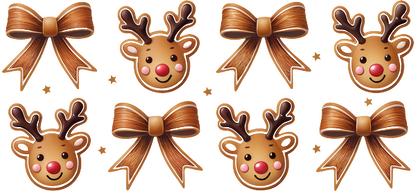 A festive assortment of cute reindeer faces and elegant brown bows, perfect for holiday decorations and crafts.UV Transfers dtf transfers