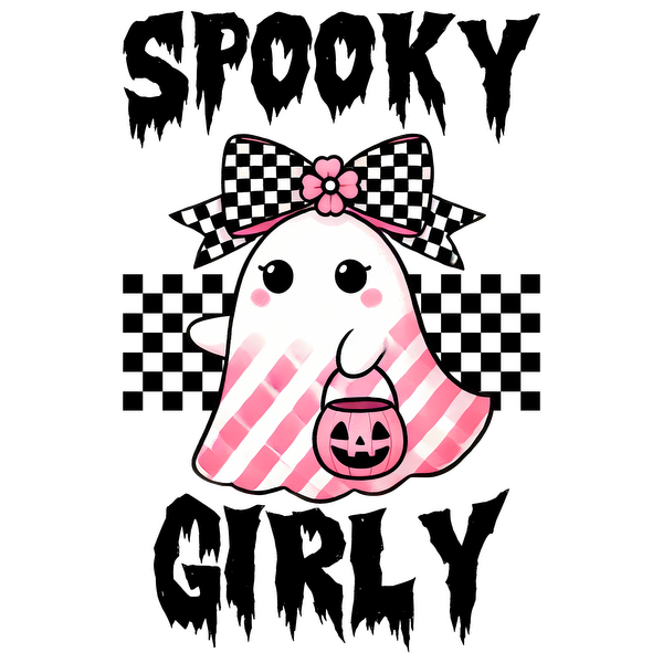 This cute ghost features pink stripes, a black and white checkered bow, and holds a pumpkin-themed candy bucket, perfect for Halloween!