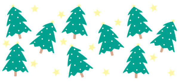 A whimsical illustration of teal Christmas trees adorned with white polka dots and scattered gold stars against a dark background.UV Transfers dtf transfers