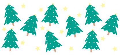 A whimsical illustration of teal Christmas trees adorned with white polka dots and scattered gold stars against a dark background.UV Transfers dtf transfers