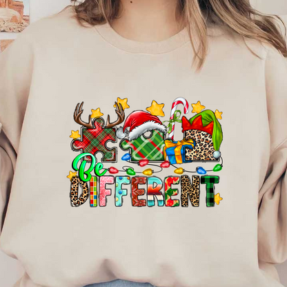 A colorful and festive illustration featuring the phrase "Be Different," adorned with playful holiday-themed elements like puzzle pieces, gifts, and ornaments.DTF Transfers