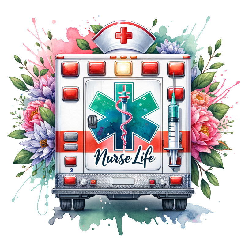 A vibrant illustration of an ambulance adorned with flowers, featuring a "Nurse Life" theme and medical symbols, celebrating healthcare heroes.DTF Transfers