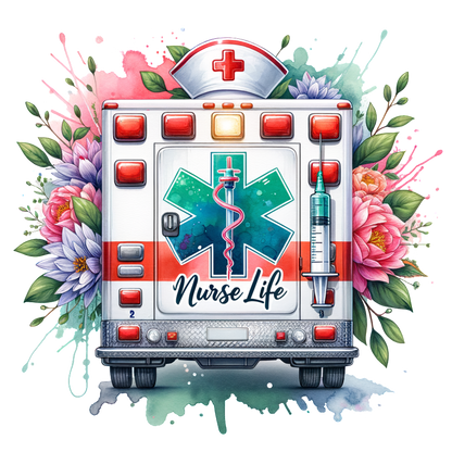 A vibrant illustration of an ambulance adorned with flowers, featuring a "Nurse Life" theme and medical symbols, celebrating healthcare heroes.DTF Transfers