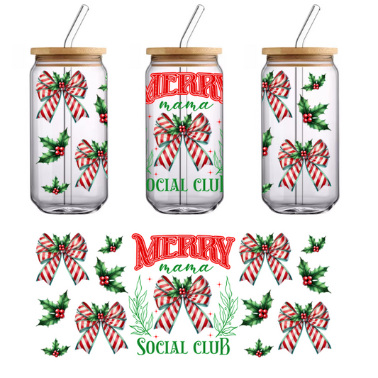 A festive design featuring red and white striped bows and holly leaves, complete with the cheerful message "Merry Social Club."UV Transfers dtf transfers