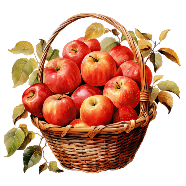 A beautifully woven basket overflowing with vibrant red apples and accented with fresh green leaves. dtf prints