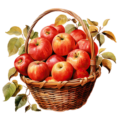 A beautifully woven basket overflowing with vibrant red apples and accented with fresh green leaves. dtf prints