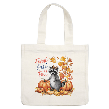 A charming raccoon with a bow stands among pumpkins and autumn leaves, celebrating the whimsical theme "Feral Girl Fall." dtf transfers