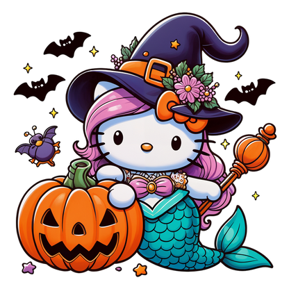 A whimsical Halloween-themed Hello Kitty dressed as a mermaid witch, holding a pumpkin and surrounded by bats and flowers.DTF Transfersdtf regular iron