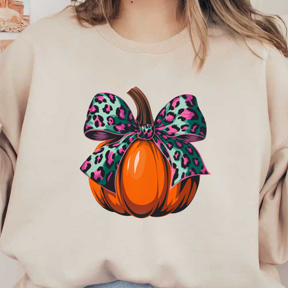 Una calabaza naranja vibrante adornada con un elegante lazo con estampado de leopardo en verde azulado, rosa y negro para darle un toque otoñal divertido.