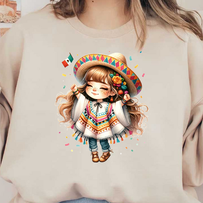 Una alegre niña con un poncho colorido y un sombrero celebra con flores en el pelo, rodeada de confeti festivo.