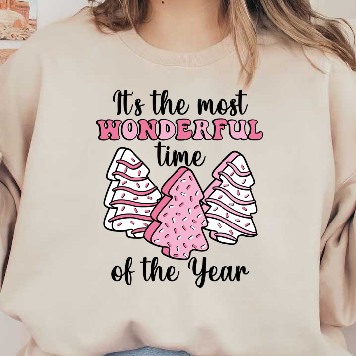 A whimsical illustration of pink and white Christmas trees with the word "WONDERFUL" above, perfect for festive cheer! heat press transfers