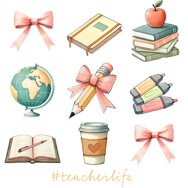 A charming collection of teaching essentials, featuring books, a globe, highlighters, a pencil with a bow, and a coffee cup, all celebrating #teacherlife.DTF Transfers