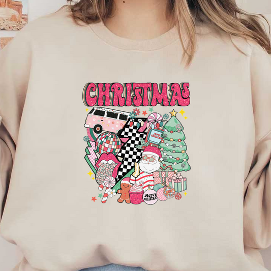 A colorful and whimsical Christmas design featuring Santa, a festive tree, gifts, candy, and a vintage van. dtf prints