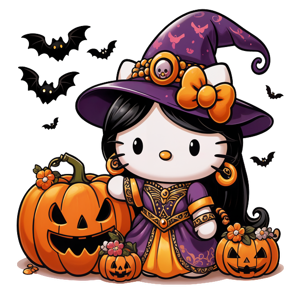 This adorable Halloween-themed Hello Kitty is dressed as a witch in a purple gown, surrounded by playful pumpkins and bats.DTF Transfers