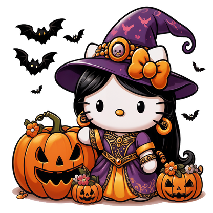 This adorable Halloween-themed Hello Kitty is dressed as a witch in a purple gown, surrounded by playful pumpkins and bats.DTF Transfers