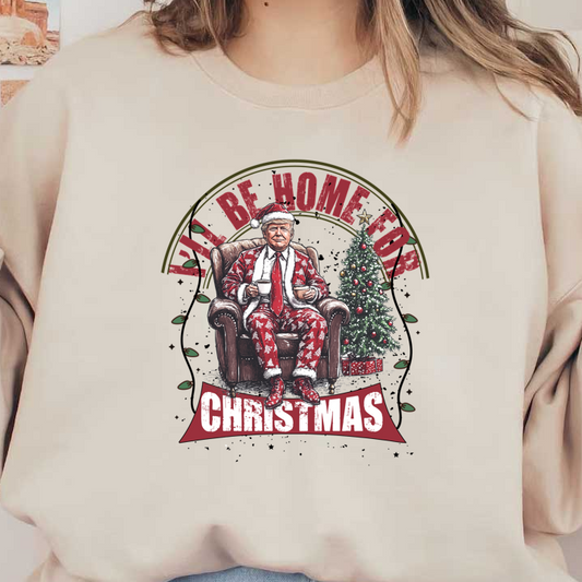 This festive design features a cozy figure in a Christmas-themed suit, enjoying a drink by a decorated tree.DTF Transfersdtf regular iron