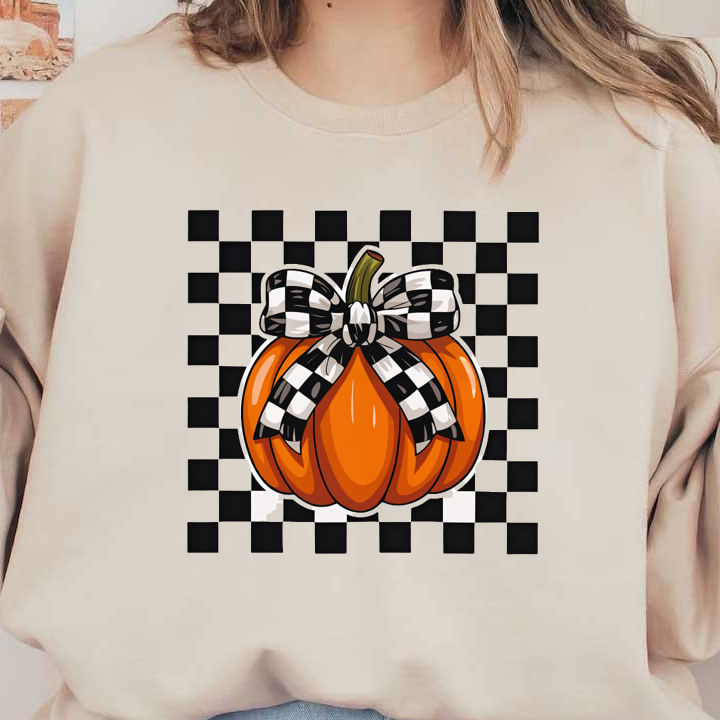 Una alegre calabaza naranja adornada con un elegante lazo a cuadros blancos y negros, perfecta para la decoración de otoño.