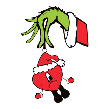 A whimsical illustration features a green Grinch-like hand playfully lifting a red ornament with a Santa hat, expressing frustration.DTF Transfers dtf transfersdtf regular iron