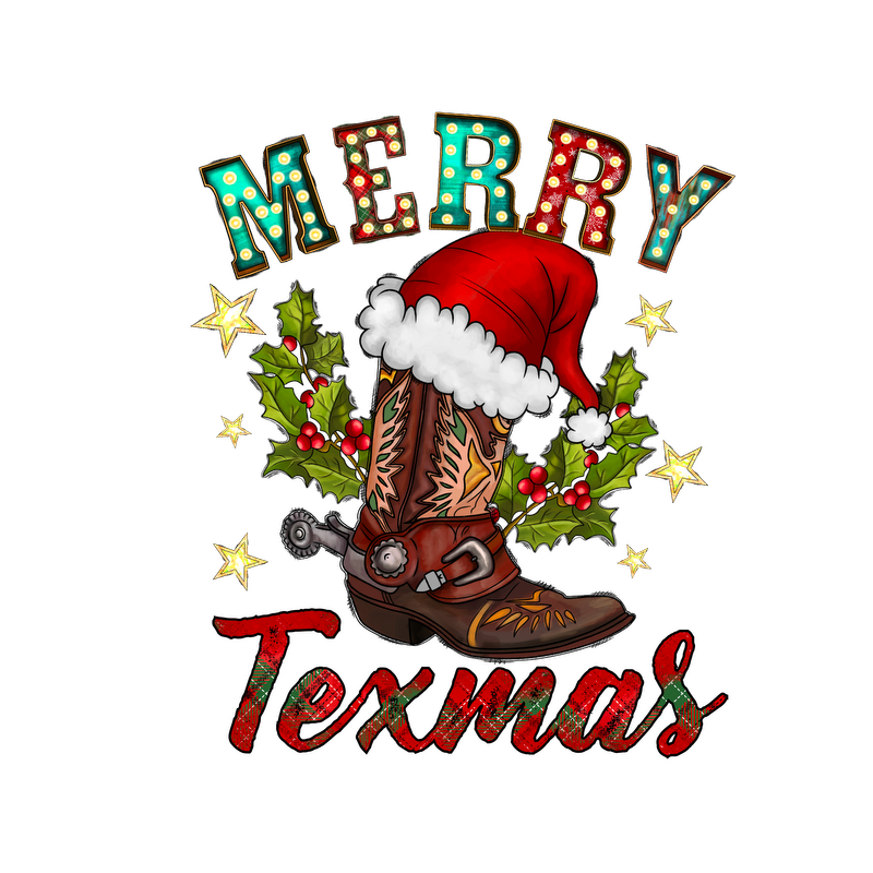 Celebrate the holidays with a festive cowboy boot adorned with a Santa hat, surrounded by holly and glittering stars, perfect for Texas cheer!DTF Transfersdtf regular iron