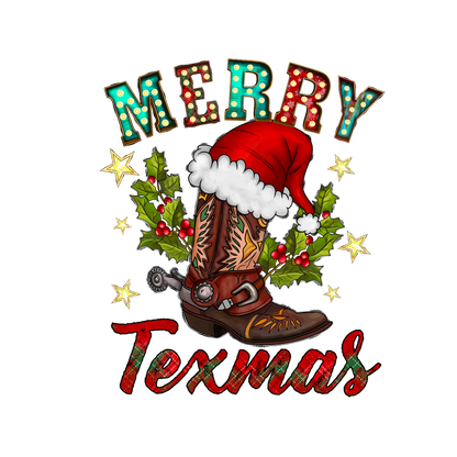 Celebrate the holidays with a festive cowboy boot adorned with a Santa hat, surrounded by holly and glittering stars, perfect for Texas cheer!DTF Transfersdtf regular iron