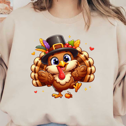 This cheerful cartoon turkey, donning a festive top hat and colorful feathers, celebrates Thanksgiving with a playful pose.