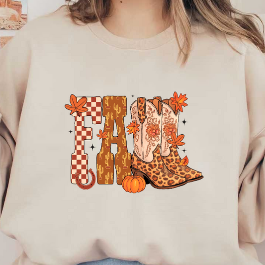 Stylish cowboy boots with autumn decor, featuring leopard print and floral designs.DTF Transfers