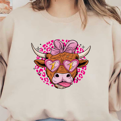 Cute cartoon cow wearing heart-shaped sunglasses with lightning bolts, topped with a pink bow, set against a vibrant pink background.DTF Transfers