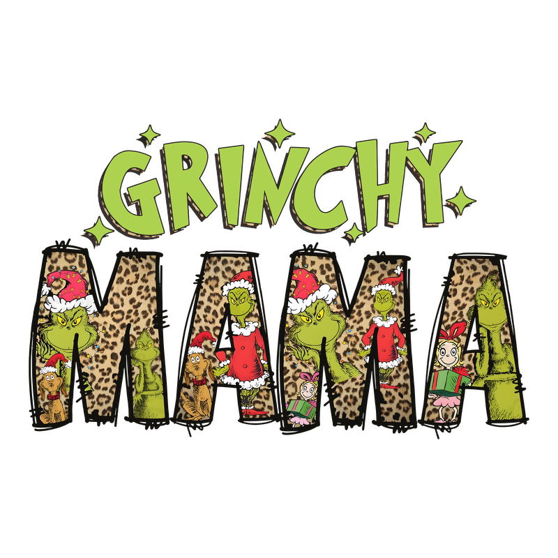 Embrace the holiday spirit with this fun "Grinchy Mama" design, featuring festive Grinch characters and a playful leopard print pattern!DTF Transfers dtf prints