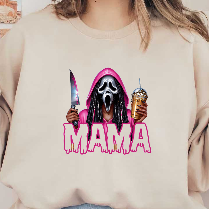 Un gráfico colorido que presenta una figura enmascarada con una sudadera con capucha rosa, sosteniendo un cuchillo y un postre, con la temática "MAMA".