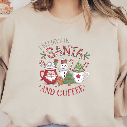 Festive graphic featuring Santa, coffee cups, a snowman, a gingerbread man, and a Christmas tree with playful elements. heat press transfers