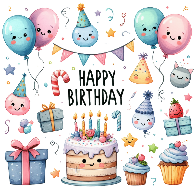 Celebrate in style with this cheerful birthday-themed illustration featuring balloons, a cake with candles, and festive gifts!DTF Transfers