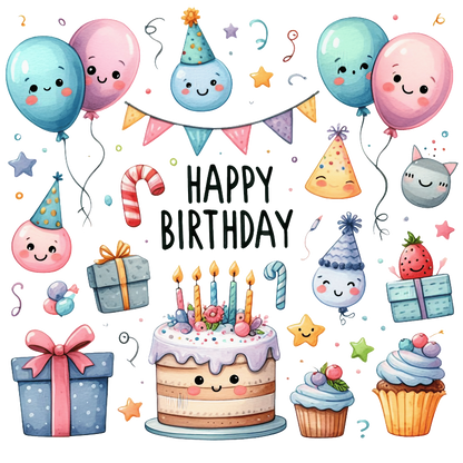 Celebrate in style with this cheerful birthday-themed illustration featuring balloons, a cake with candles, and festive gifts!DTF Transfers