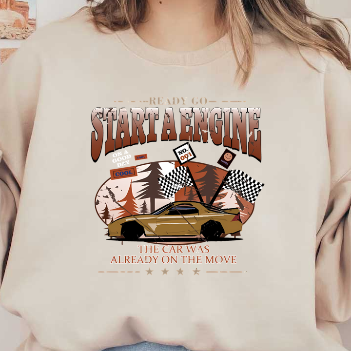 Un diseño de camiseta gráfica estilizada que presenta un auto de carreras con banderas a cuadros y un texto divertido sobre cómo arrancar un motor.