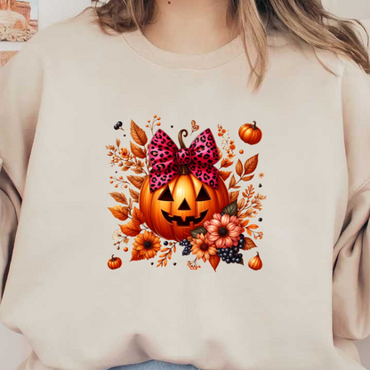 A vibrant, festive Halloween pumpkin adorned with a pink leopard print bow, surrounded by autumn flowers and leaves. dtf transfers