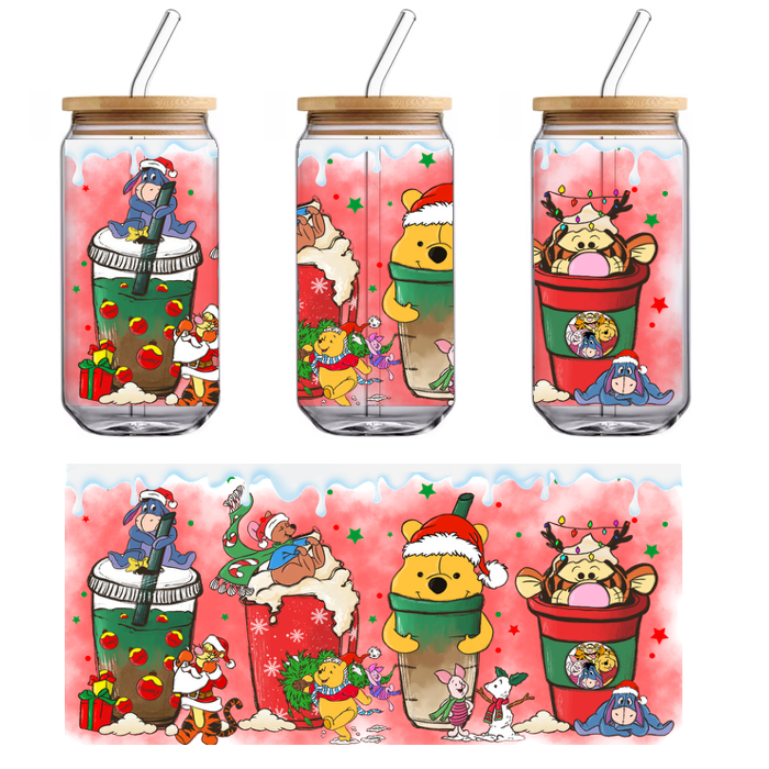 A festive illustration featuring beloved characters from Winnie the Pooh, joyfully celebrating around holiday-themed drinks on a vibrant red background.UV Transfersdtf regular iron