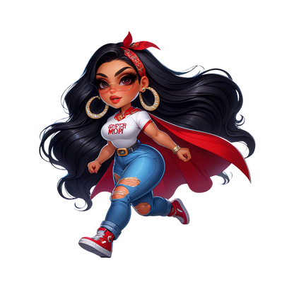 Un elegante personaje de dibujos animados con una camiseta de súper mamá, jeans rotos y una capa roja, que irradia confianza y diversión.