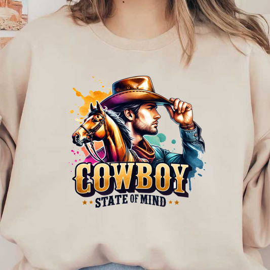 Un gráfico vibrante que muestra a un vaquero inclinando su sombrero junto a un caballo, con la frase "Cowboy State of Mind".