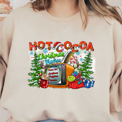 Cozy up this holiday season with a colorful illustration celebrating hot cocoa and classic Christmas movies amid festive decorations!DTF Transfersdtf regular iron dtf transfers