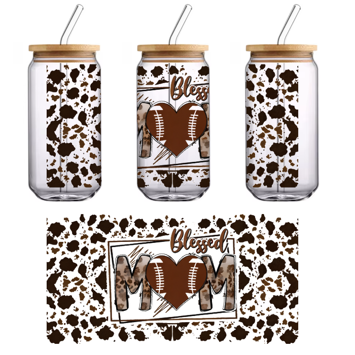 A stylish graphic design featuring "Blessed MOM" with a heart and football elements, set against a trendy leopard print background.UV Transfers dtf transfers